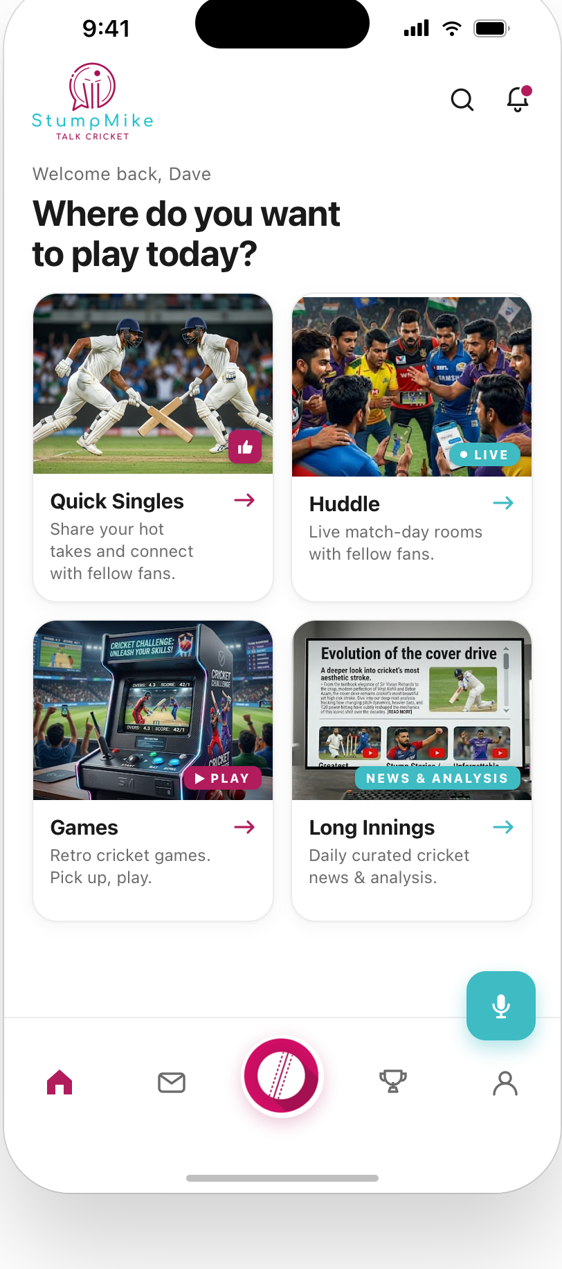 StumpMike app home screen — Quick Singles, Huddle, Games and Long Innings